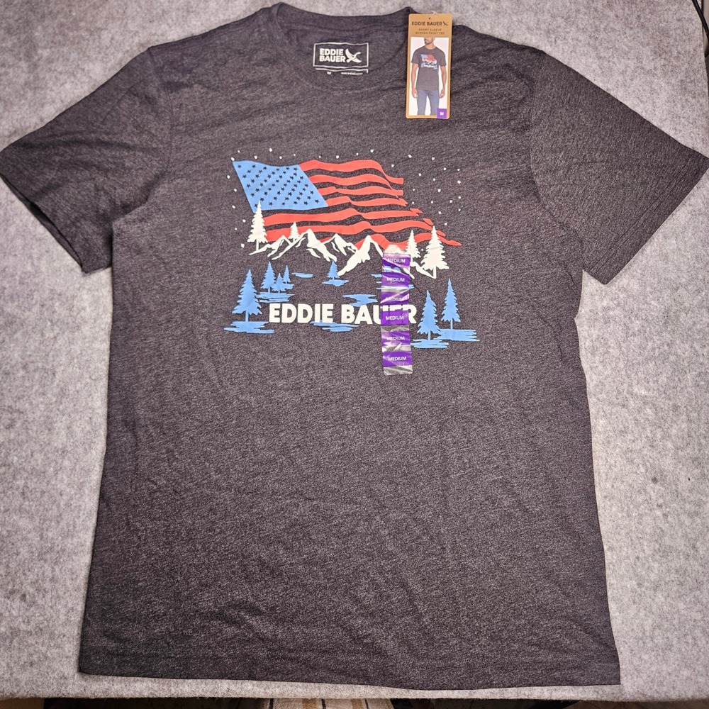 NWT Eddie Bauer Mens Gray American Flag Mountain Outdoor Patriotic T-Shirt Sz M